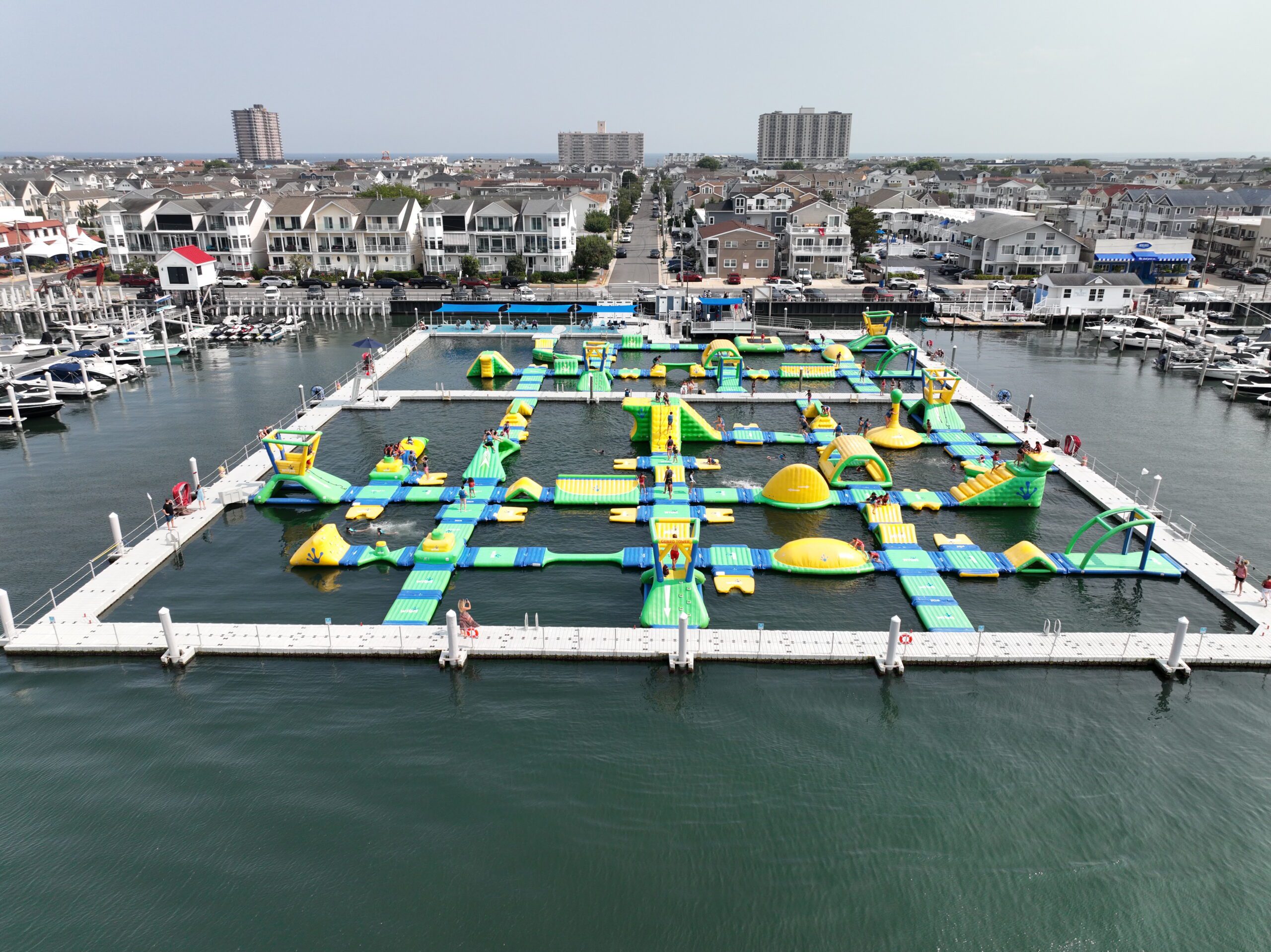 Aerial view of Island Aqua Park on the bay in Margate, NJ